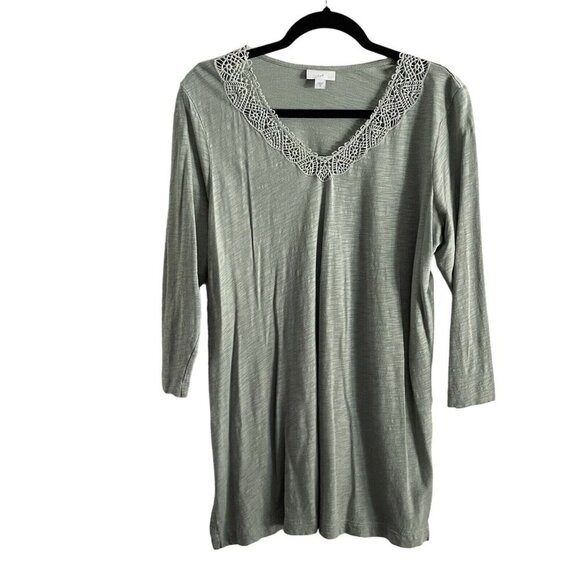 J.Jill Women M Green Cotton Modal Slub Crochet Trim V-Neck 3/4 Sleeves Tunic Top - Picture 2 of 11